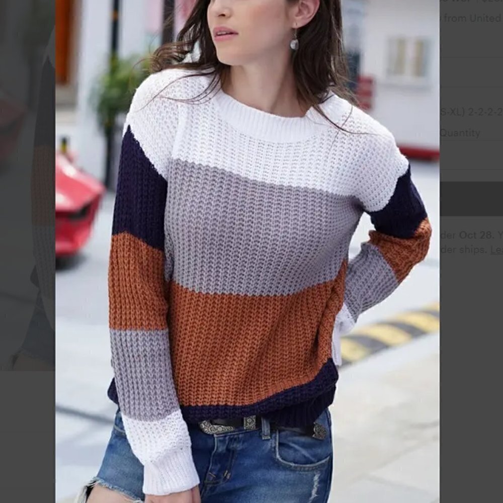 Women’s Black Brown White Color Block Long Sleeve Crewneck Knit Sweater